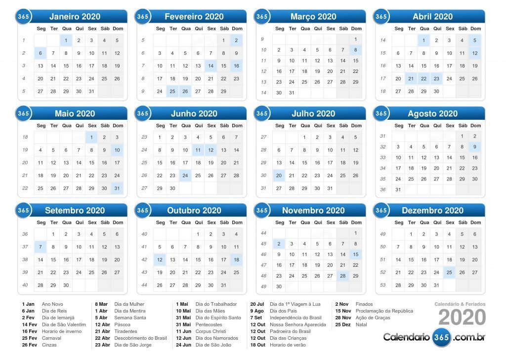 Calendar of Holidays 2020