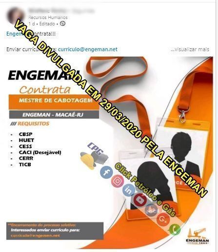 Oil and gas contracts in Macaé by Engeman demand offshore vacancies for the position of Cabotage Master