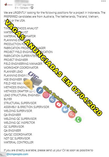 Many job vacancies for an offshore project in Indonesia announced today, April 7