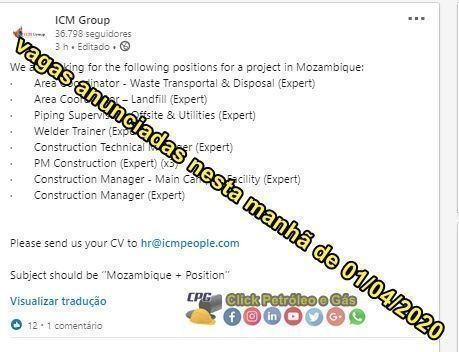 Offshore contracts in Mozambique demand job openings for Brazilians in technical areas, welding, piping, and more