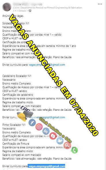 Welder, Boilermaker, and Painter called for offshore vacancies in Rio das Ostras on this day, April 7