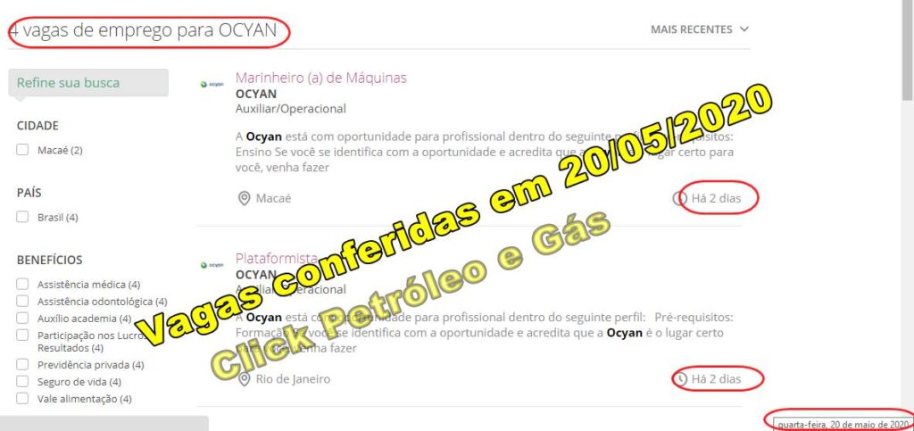 Offshore contracts in Macaé and Rio de Janeiro from Ocyan, job vacancies requested on this day, May 20