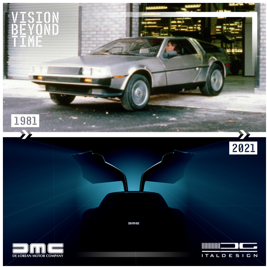 Classic DeLorean and the announcement of the DeLorean egg, an electric car, on the manufacturer's Twitter