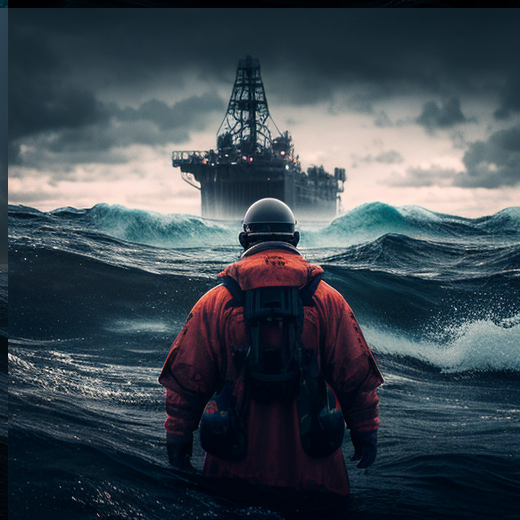 Imposing Worker Before the Waves of the Oil Platform