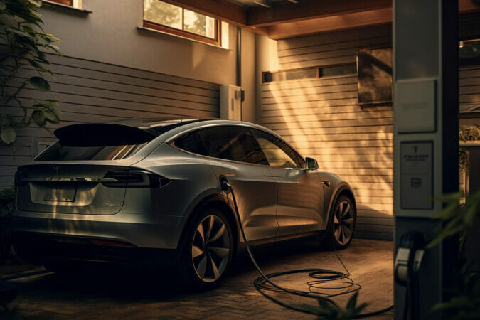 imagem: homem colocando seu carro eletrico carregar na sua garagem