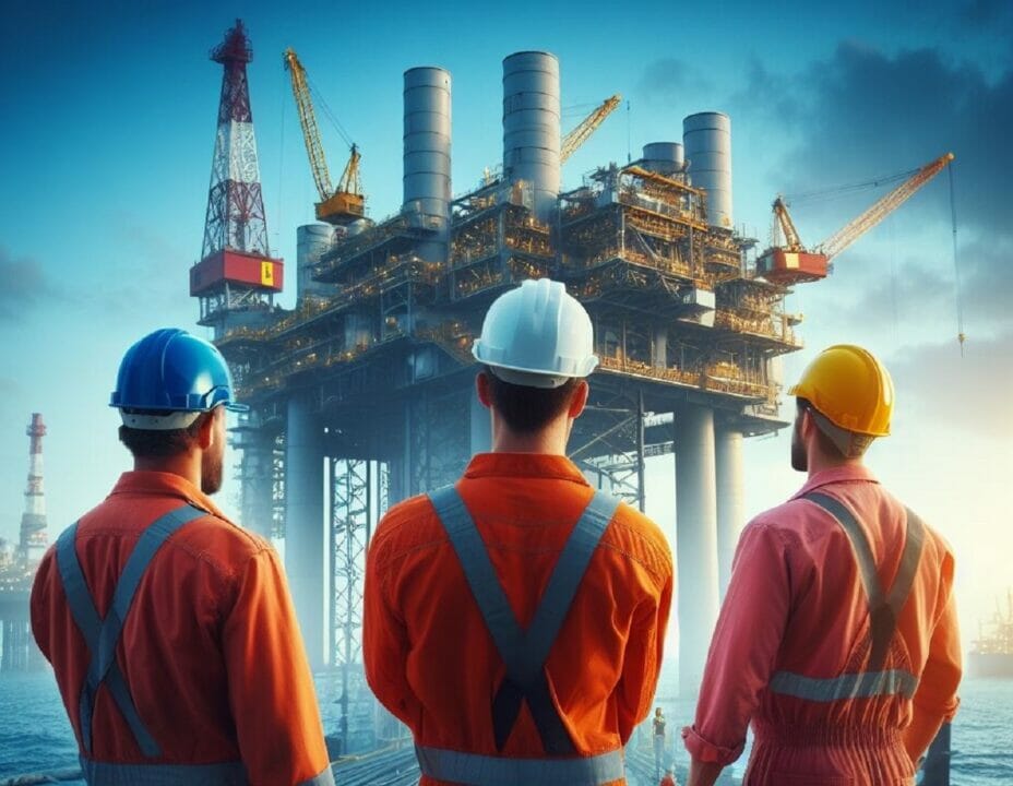 Trabalhadores offshore olhando para um plataforma de petróleo após fazer um curso gratuito em Macaé de CBSP e HEUT