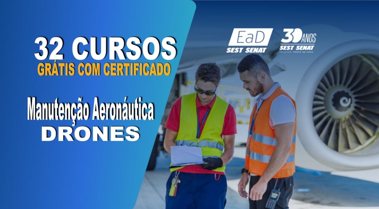 Dois profissionais da manutenção aeronáutica analisando documentos com um motor de aeronave ao fundo, promovendo os cursos gratuitos online do Sest Senat