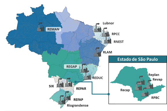 Illustrative map of Brazil highlighting the location of Petrobras refineries throughout the national territory