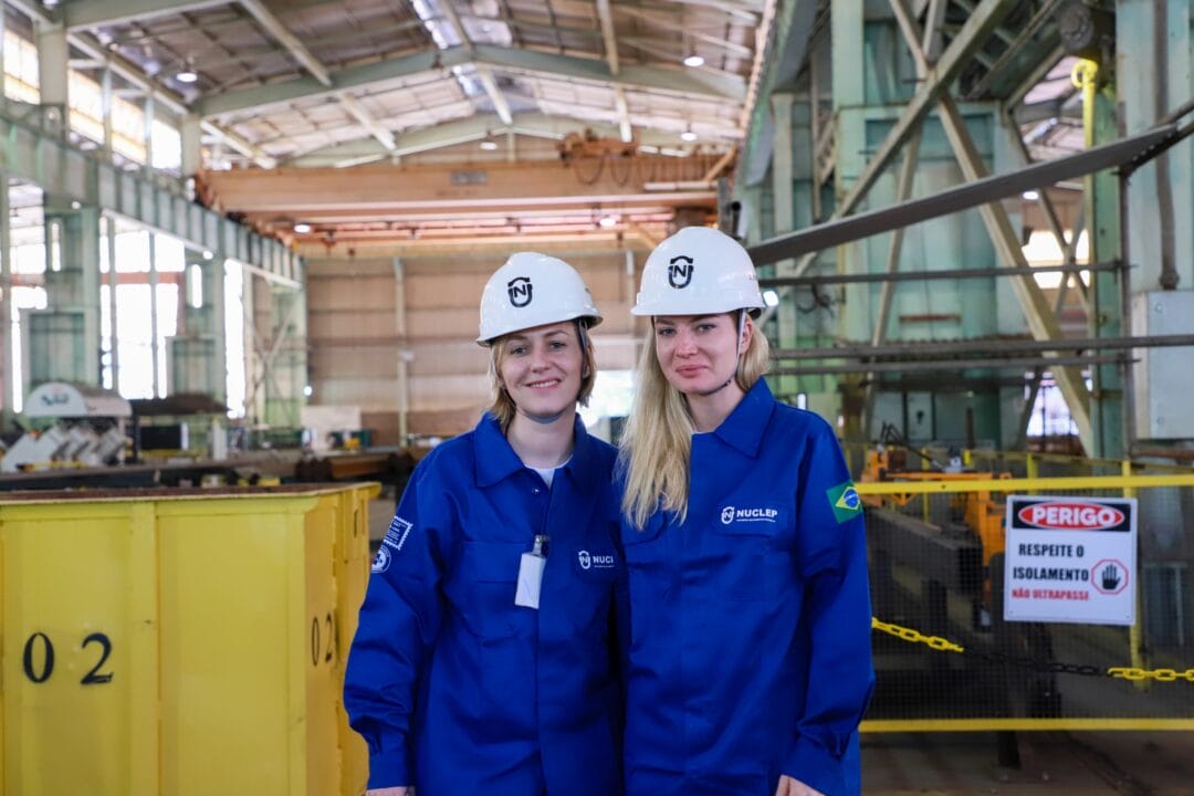 Blonde women from Rosatom pose for a photo at Nuclep. Executive Director of Projects, Alexandra Ovcharenko; Regional Manager, Ekaterina Baranova; the Manager