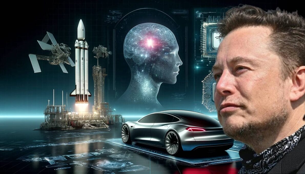 Inovações futuristas da Tesla, SpaceX e Neuralink em um laboratório de alta tecnologia, com um carro Tesla, foguete SpaceX e chip Neuralink.