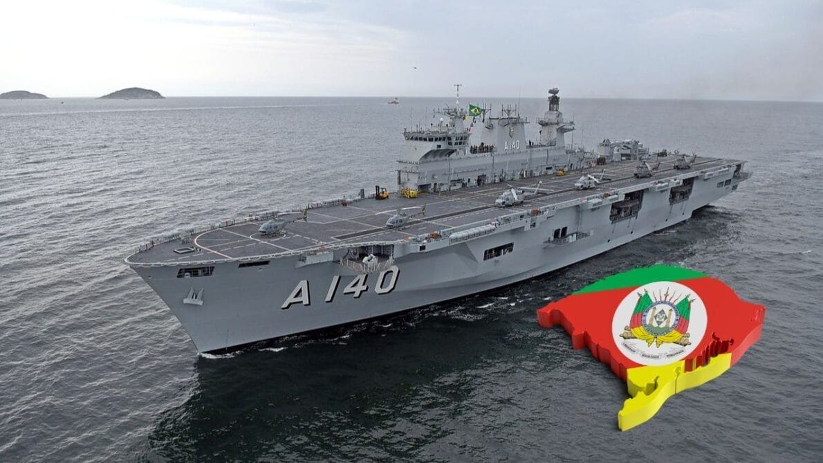 Marinha do Brasil destaca o Navio-Aeródromo Multipropósito Atlântico, o maior navio de guerra da América do Sul, para auxiliar nos esforços de resgate e ajuda humanitária em resposta às severas enchentes no Rio Grande do Sul