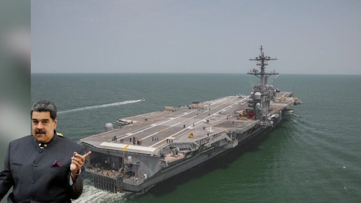 Caças do porta-aviões nuclear da Marinha dos Estados Unidos realizam manobras em Georgetown, Guiana, como demonstração de força contra as ambições expansionistas do presidente venezuelano