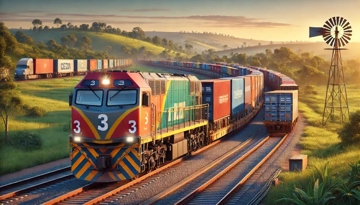 Trem de carga '3' viajando por trilhos no campo brasileiro, com um caminhão próximo, simbolizando logística intermodal.