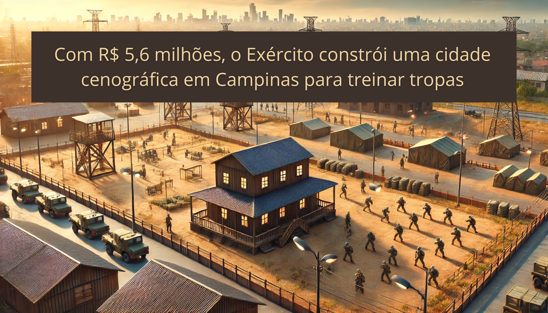 Exército investe R$ 5,6 milhões em cidade cenográfica para treinos realistas. Estrutura inclui 66 benfeitorias em 12 quadras. (Imagem: Reprodução/Canva)