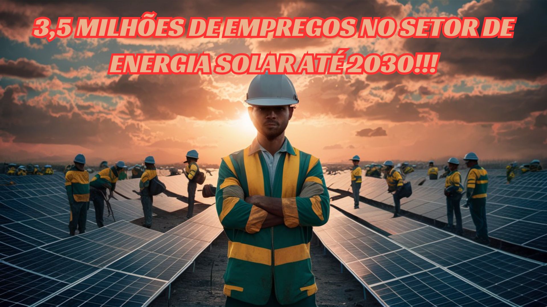 Trabalhadores instalando painéis solares ao amanhecer com destaque para a criação de 3,5 milhões de empregos no setor de energia solar até 2030.