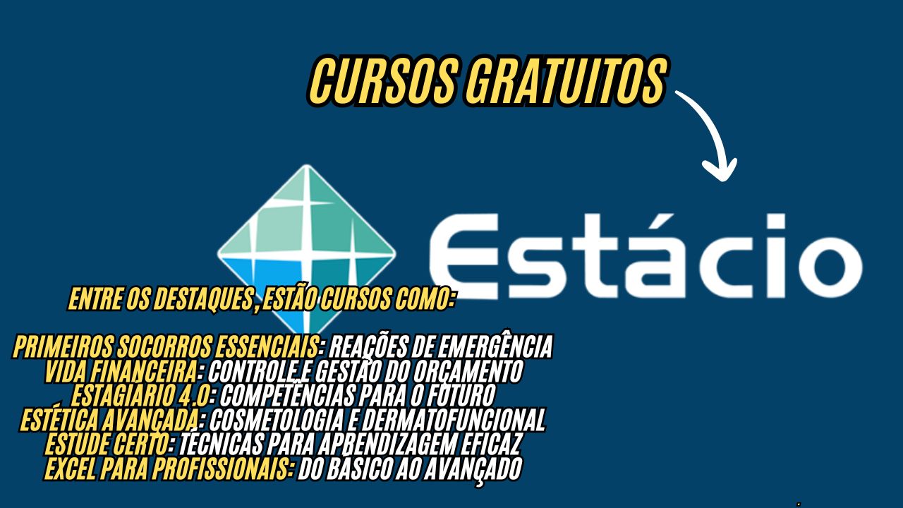 Entre os destaques, estão cursos como: Primeiros Socorros Essenciais: Reações de Emergência Vida Financeira: Controle e Gestão do Orçamento Estagiário 4.0: Competências para o Futuro Estética Avançada: Cosmetologia e Dermatofuncional Estude Certo: Técnicas para Aprendizagem Eficaz Estácio abre 24 mil vagas para cursos gratuitos de férias! Aproveite o final do ano para aprender algo novo e dar um upgrade no currículo; Garanta sua vaga agora