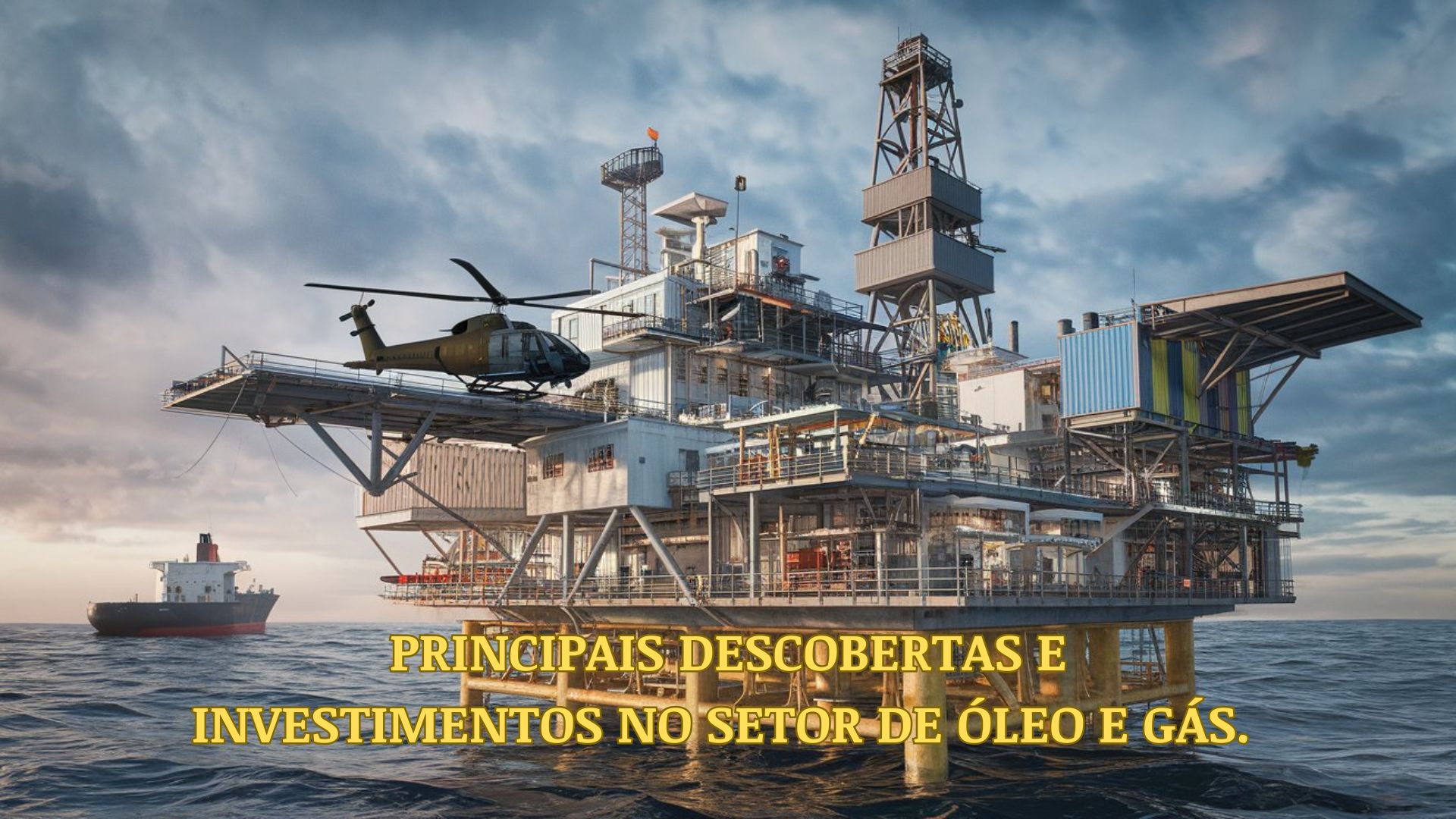 Plataforma offshore com helicóptero, representando as principais descobertas e investimentos no setor de óleo e gás.