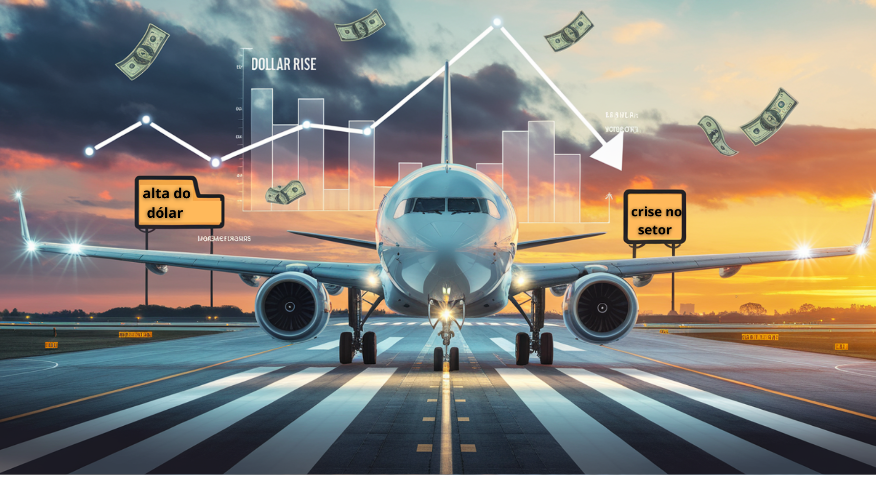 O mercado aéreo brasileiro cresce, mas enfrenta desafios da alta do dólar. Entenda como a economia e as companhias se adaptam. (Imagem: Reprodução/Canva)