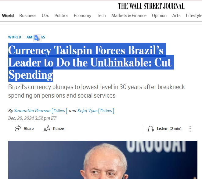 The Wall Street Journal - Queda cambial força líder brasileiro a fazer corte impensável de gastos