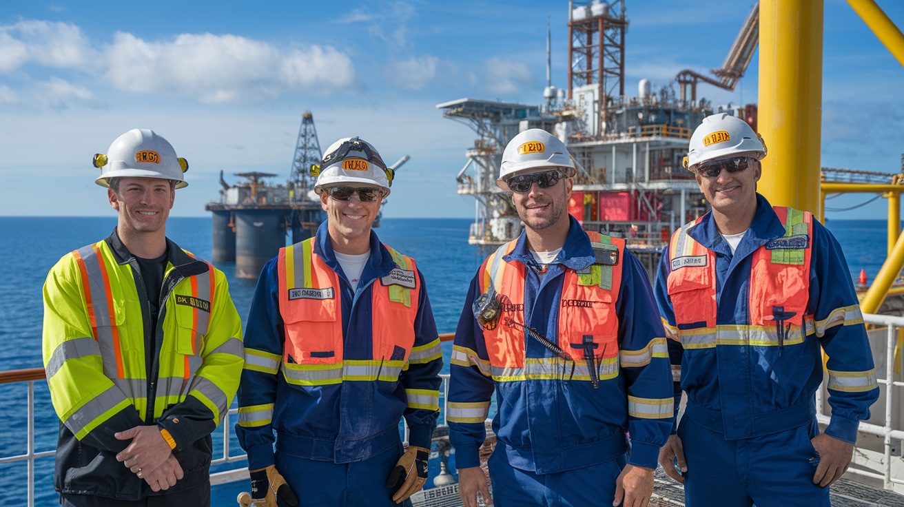 Profissionais offshore Técnico de Segurança, Coordenador Marítimo, 2º Oficial DPO, Operador de Rádio e Banksman/Rigger lado a lado com uma plataforma FPSO ao fundo sobre um mar azul.
