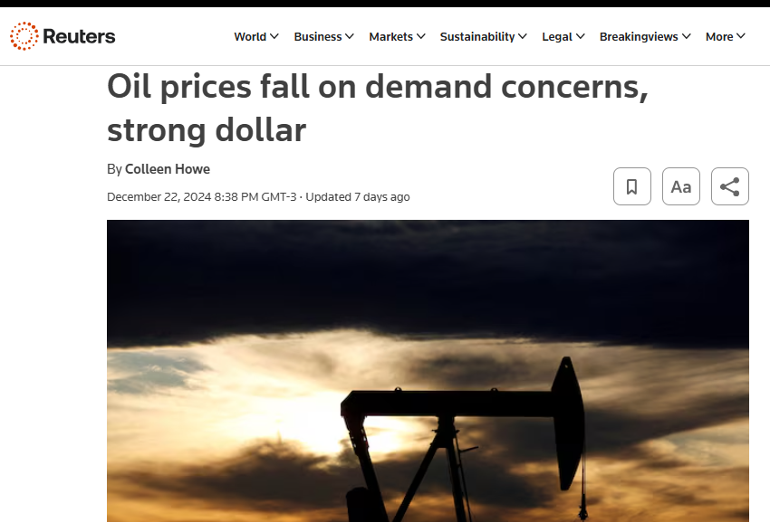 reuters - Preços do petróleo caem devido a preocupações com a demanda e dólar forte