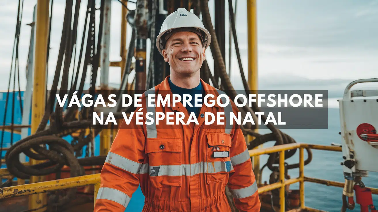 Trabalhador offshore caucasiano em plataforma de petróleo, vestido com macacão laranja e capacete branco, sorrindo com a frase "Vagas de Emprego Offshore na Véspera de Natal"
