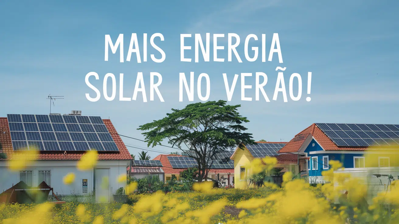 Painéis solares captando luz solar intensa durante o verão no Brasil