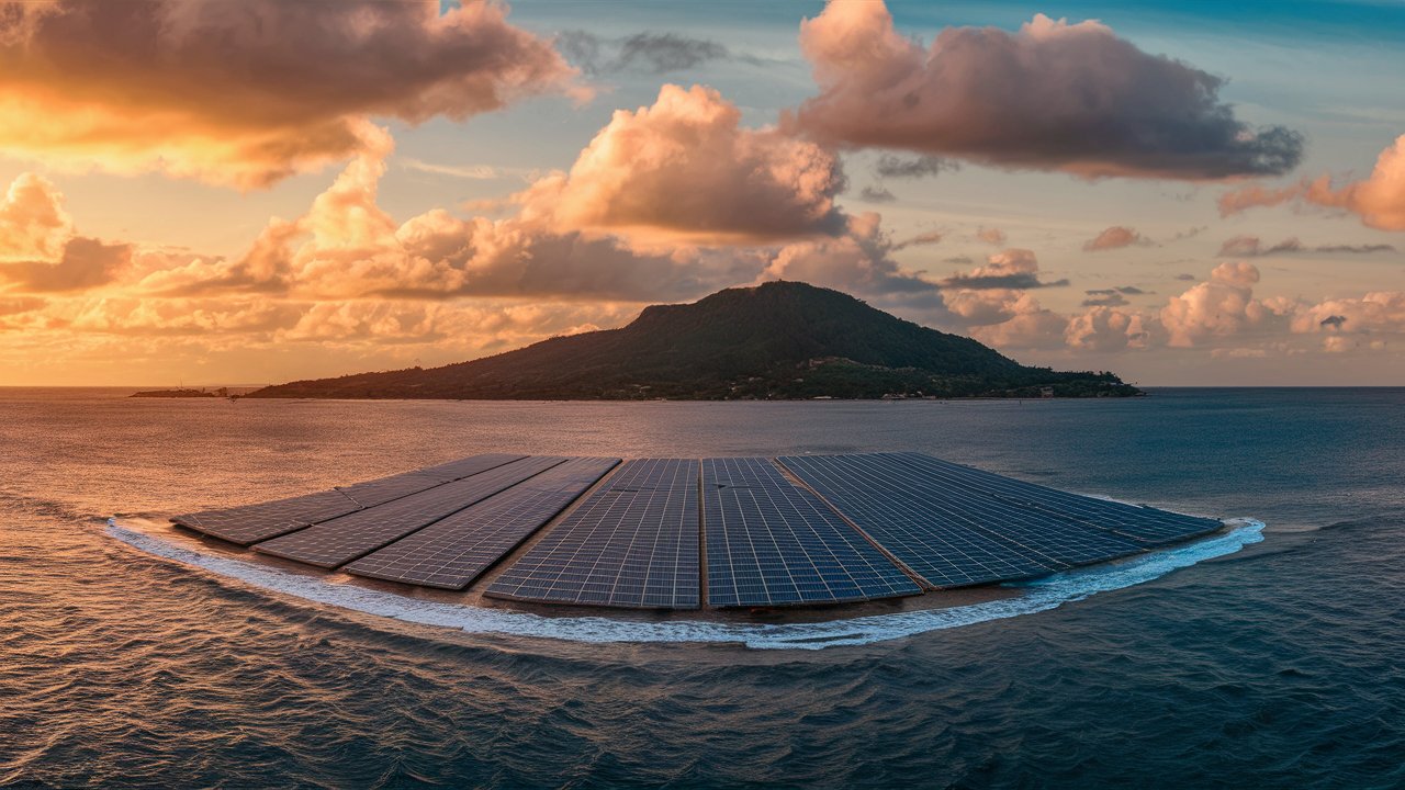 Usina solar flutuante em Fernando de Noronha, destacando placas solares sobre a água ao pôr do sol, com o arquipélago ao fundo.
