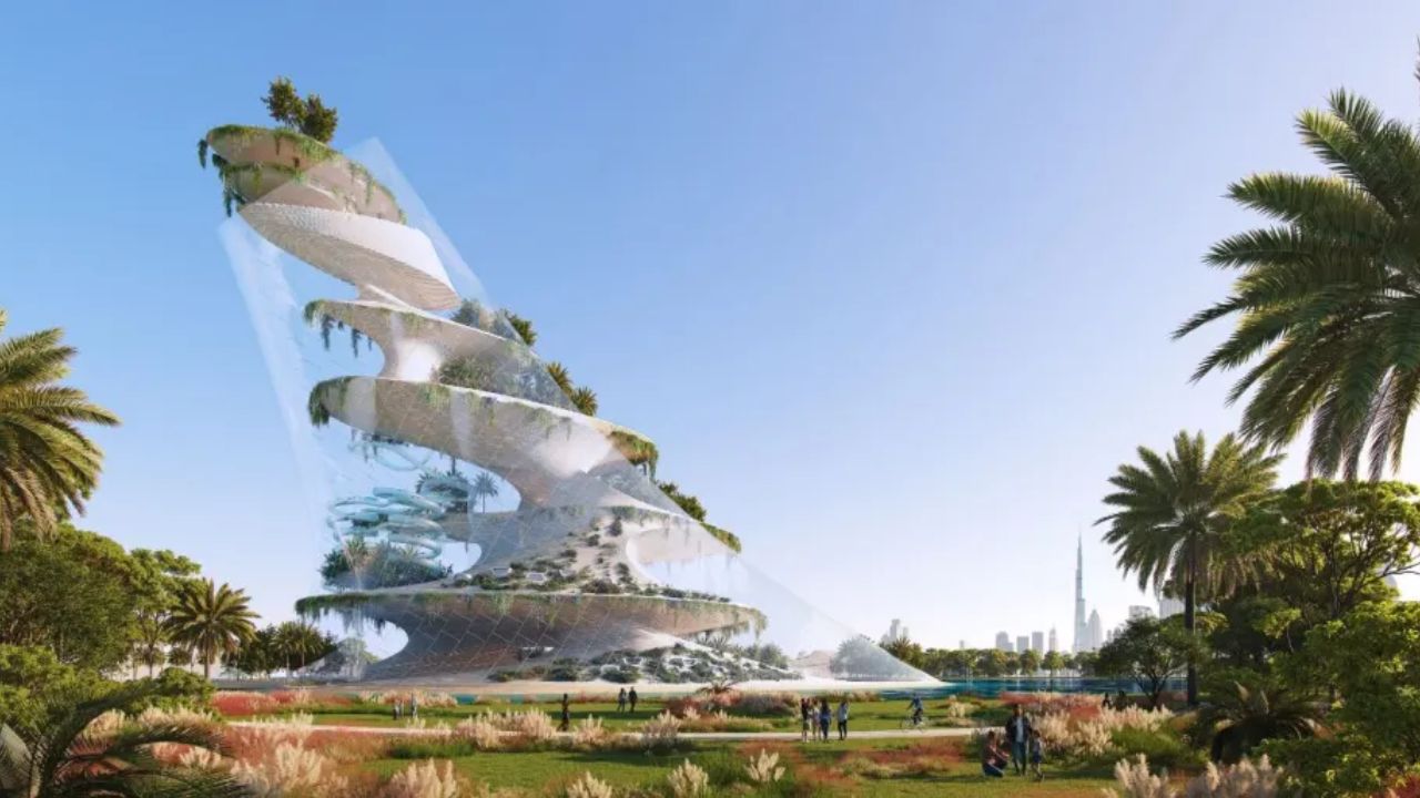 Dubai revela construção incrível Uma estufa gigante com piscinas suspensas, toboáguas e jardins, prevista para 2028!