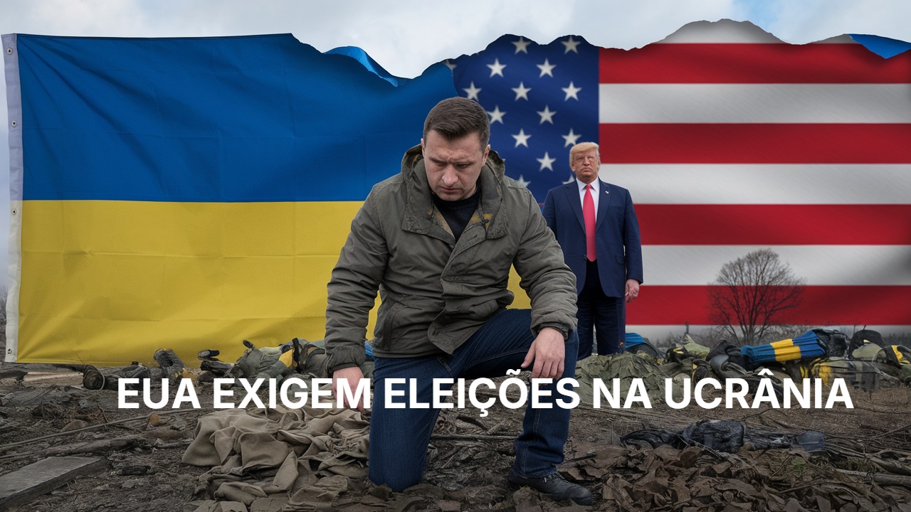 O presidente ucraniano Zelensky desesperado em frene a campo de batalha porque perdeu as eleições na Ucrânia. Atrás deve haver um bandeira da Ucrânia rasgada a o presidente donald trump ao fundo com a bandeira dos estados unidos atrás dele.