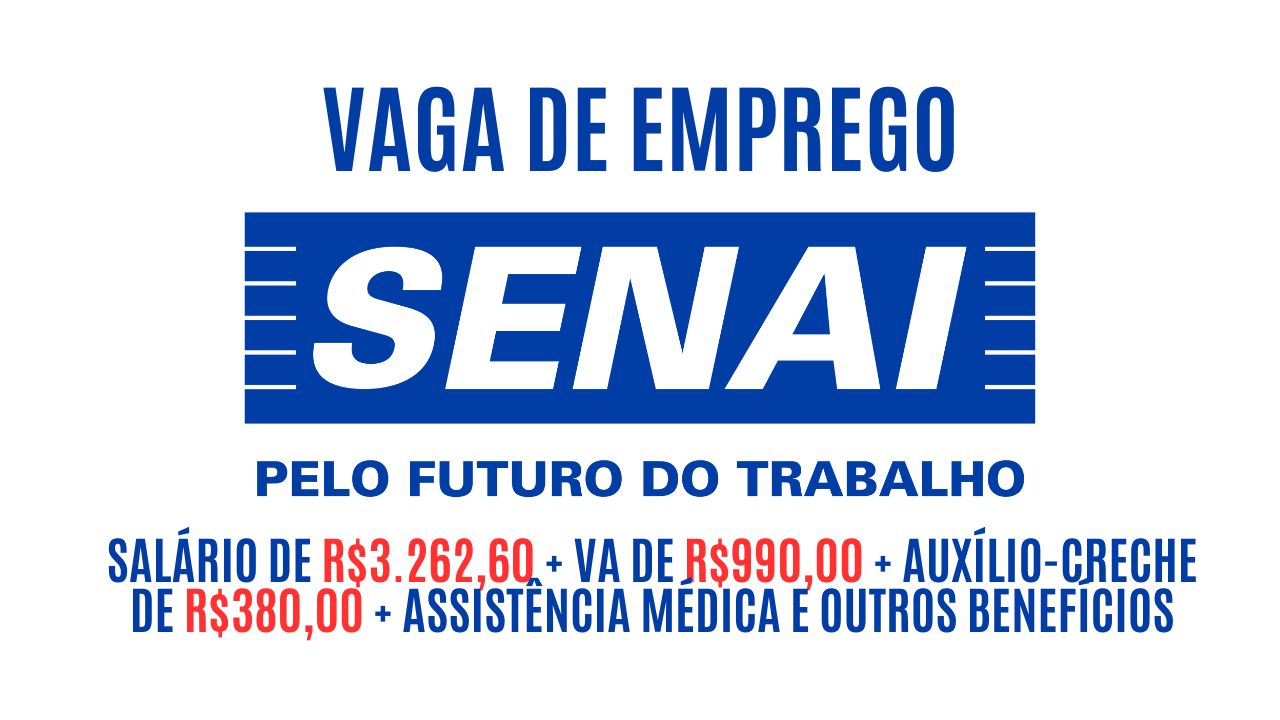 Senai está contratando! Salário de R$3.262,60 + VA de R$990,00 + auxílio-creche de R$380,00 + assistência médica e outros benefícios. Trabalhe de segunda a sexta (40h semanais); Saiba mais sobre a vaga de Assistente Técnico!