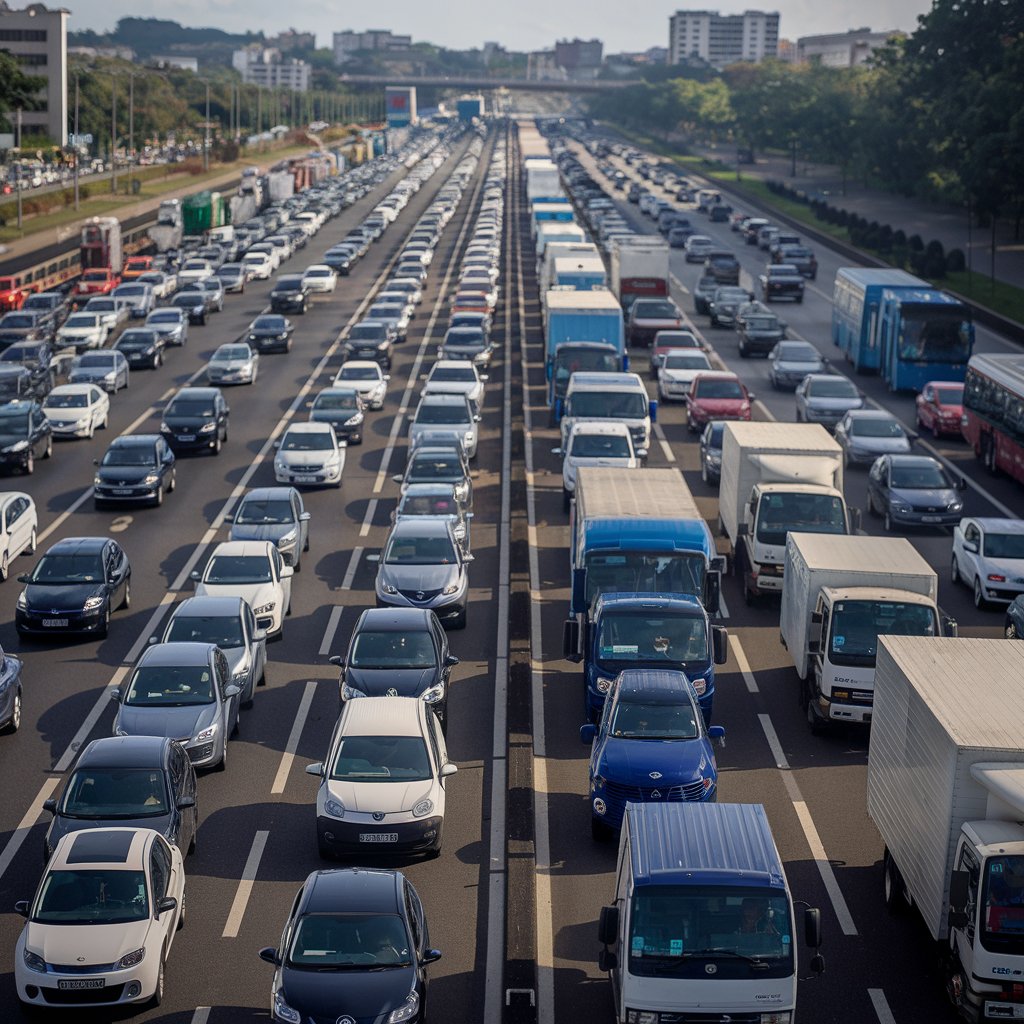 Tráfego intenso em rodovia devido ao crescimento da frota de veículos no Brasil em 2024.