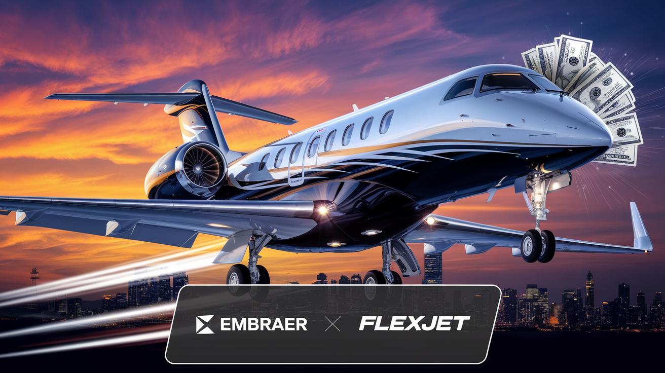 Embraer fecha acordo de US$ 7 bilhões com a Flexjet, impulsionando ações e dobrando sua carteira de pedidos. Aviação executiva em alta! (Imagem: Reprodução/Canva)