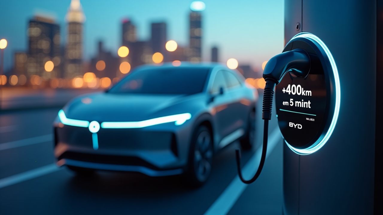 Carro BYD em carregamento ultrarrápido com 400 km em 5 minutos, tecnologia Super e-Platform em cenário urbano noturno.