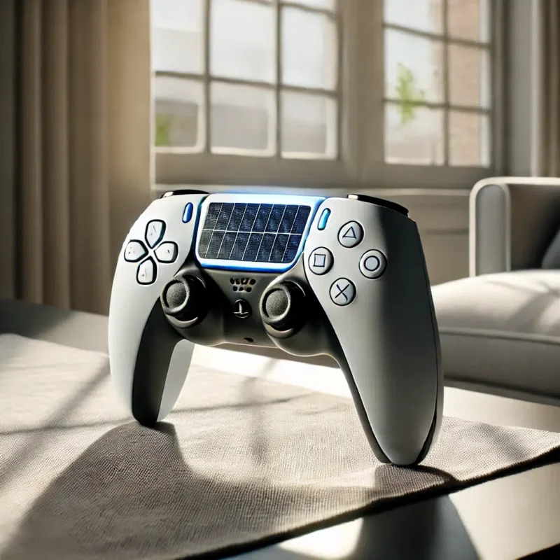 Controle DualSense do PS5 iluminado por luz solar com painel fotovoltaico integrado