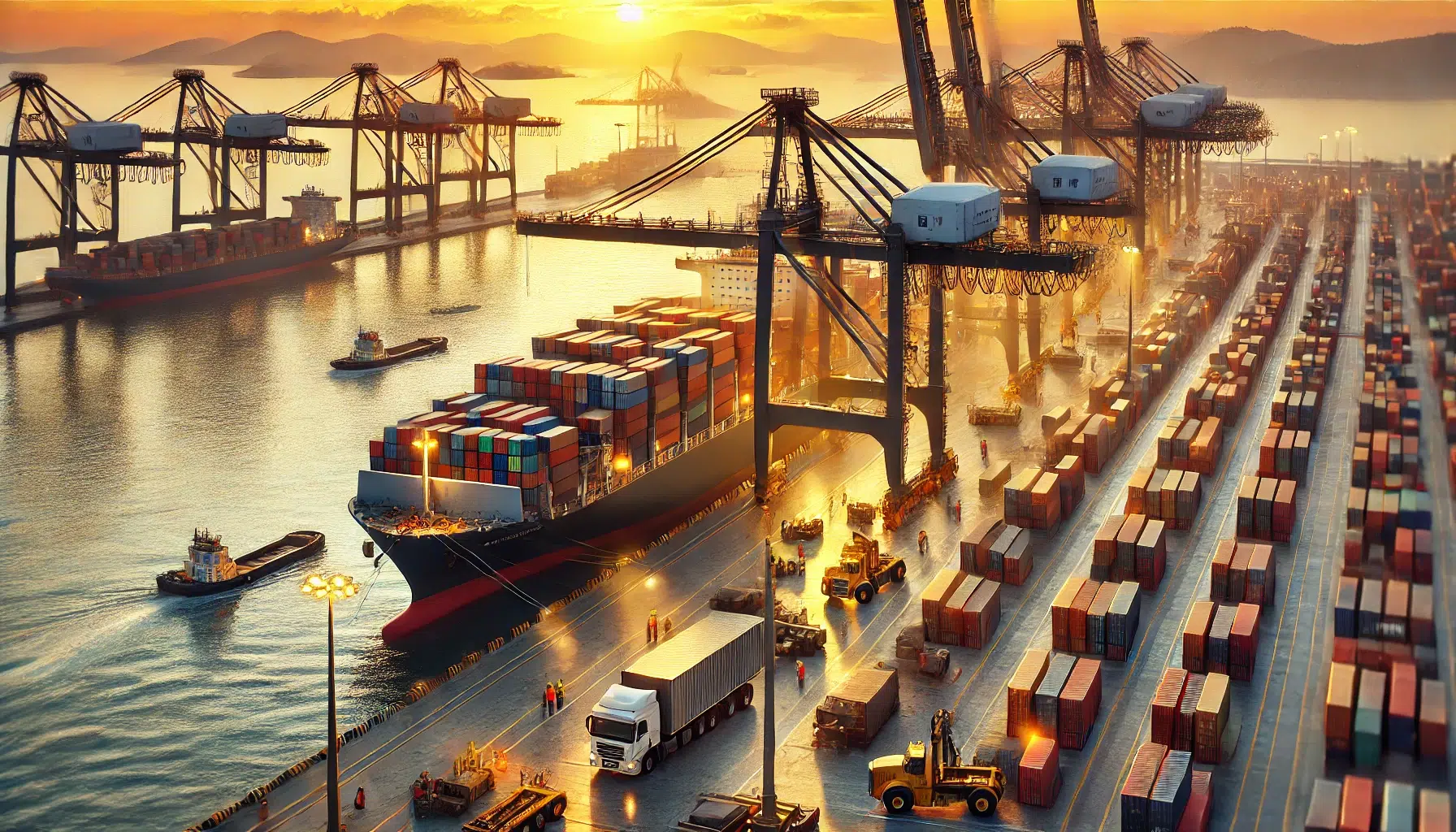Porto brasileiro movimentado ao pôr do sol, com navios, guindastes e contêineres, simbolizando o crescimento das exportações.