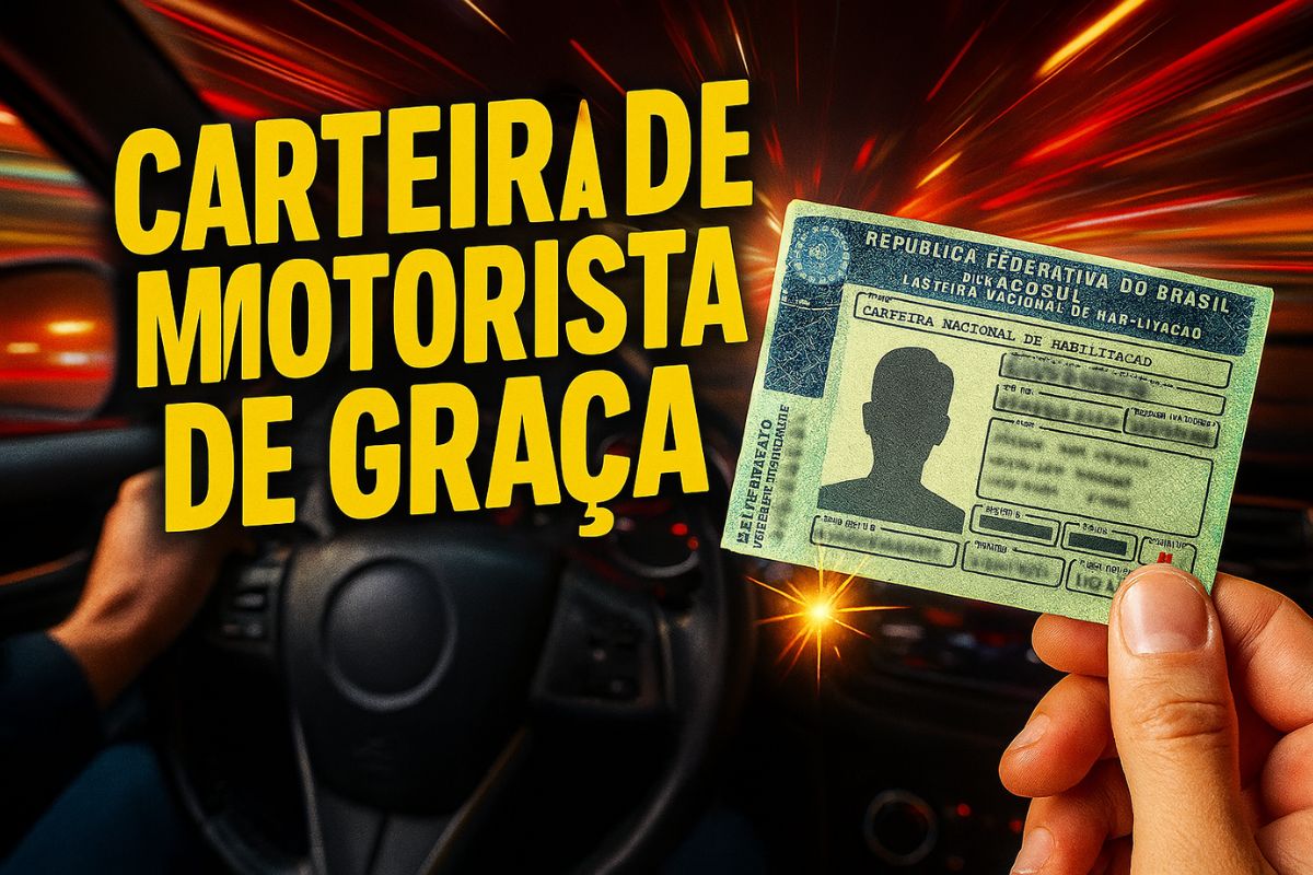 Arte digital mostra jovem feliz segurando uma CNH em frente a um carro, com fundo colorido e texto chamativo anunciando vagas gratuitas pelo programa CNH Social 2025