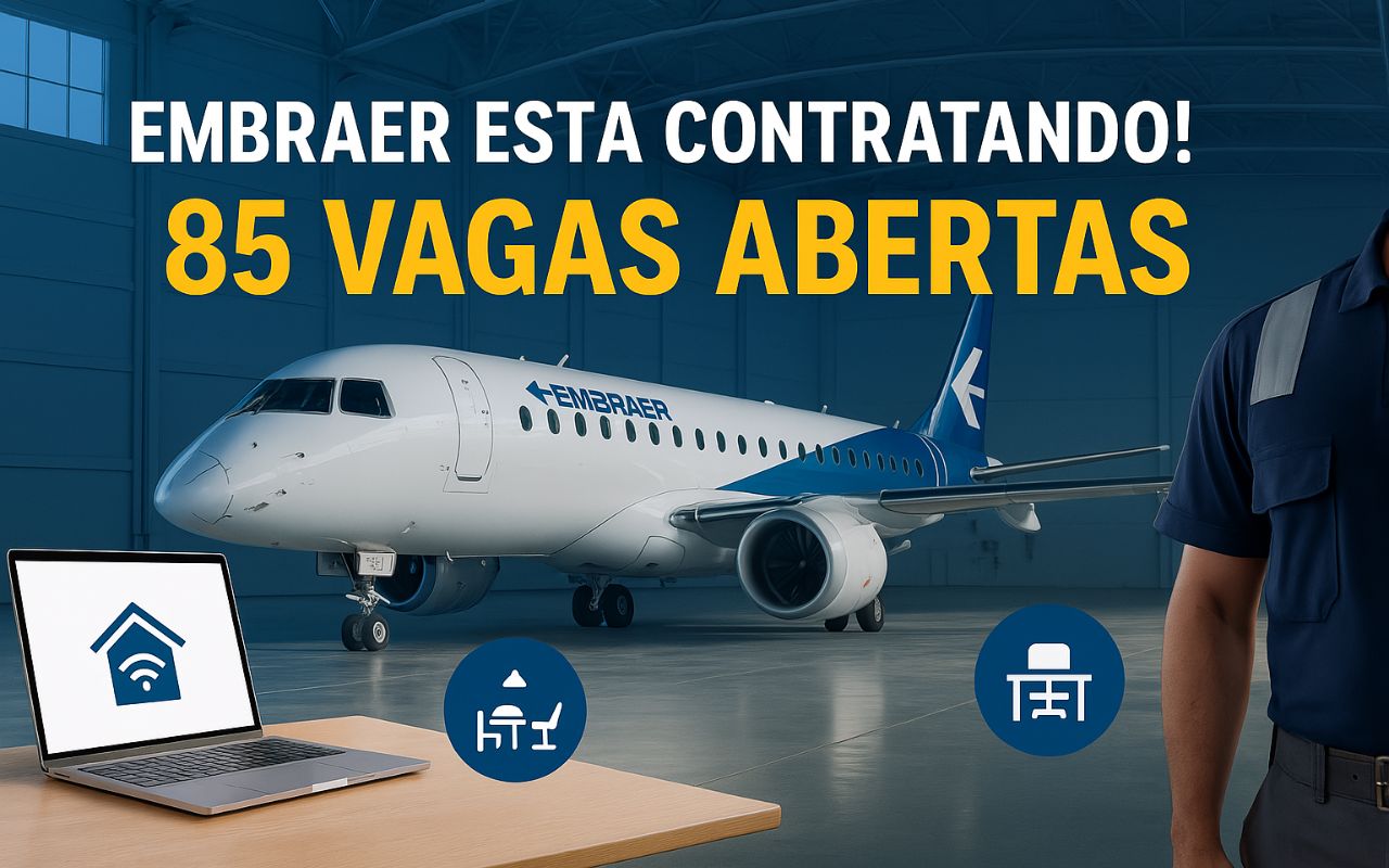 Embraer abre 85 vagas de emprego com oportunidades presenciais, híbridas e remotas