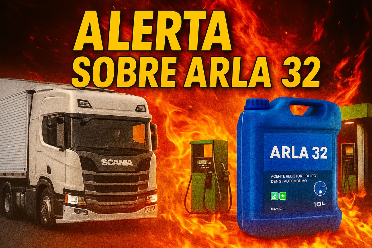 Imagem de um caminhão parado em posto, com galões de Arla 32 ao lado e destaque visual para rótulos falsificados e selo de advertência sobre risco ambiental.