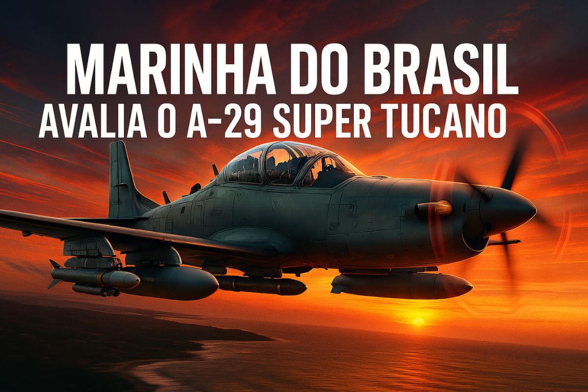 Arte digital realista de um A-29 Super Tucano sobrevoando área costeira ao entardecer, com armamentos visíveis sob as asas e destaque para o design compacto e agressivo da aeronave turboélice.