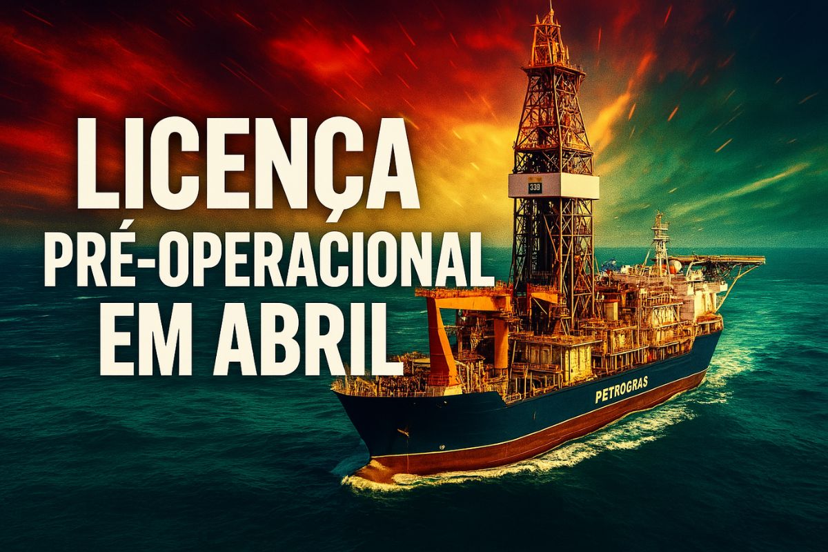 Imagem aérea do navio-sonda da Petrobras próximo à costa da Margem Equatorial, com destaque para estrutura de perfuração e águas profundas azul-esverdeadas ao fundo