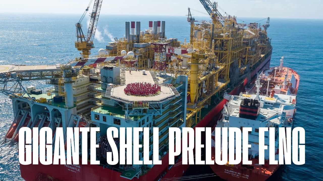 Shell Prelude FLNG, a maior unidade flutuante de gás natural do mundo, produz 3,6 milhões de toneladas de GNL por ano e opera na Austrália, destacando-se pela inovação e eficiência energética