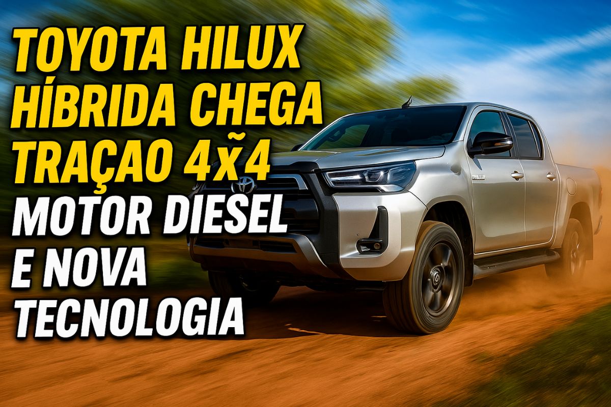 Foto de uma Toyota Hilux híbrida prateada em alta velocidade numa estrada off-road, com vegetação ao fundo e céu azul. A imagem tem texto em destaque sobre tração 4x4, motor diesel e tecnologia inovadora
