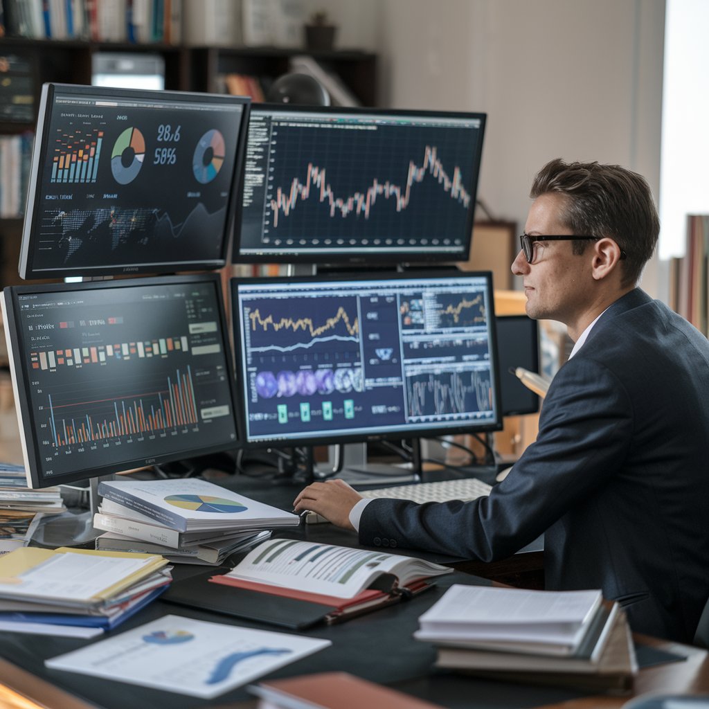 Economista analisando gráficos financeiros e indicadores econômicos em múltiplas telas, avaliando o impacto da inflação, juros e cadeias produtivas.