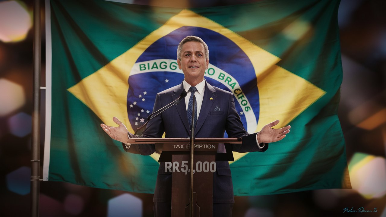 Político discursa sobre a isenção do Imposto de Renda 2026 com bandeira do Brasil ao fundo, destacando a proposta de isenção para R$ 5 mil.
