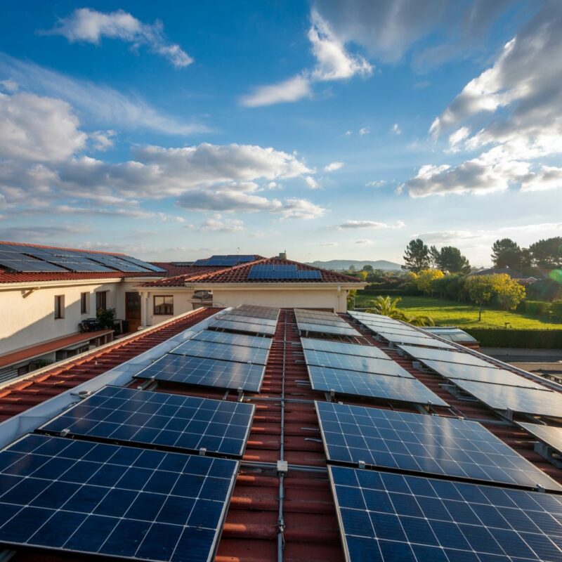 Painéis solares instalados em telhado residencial