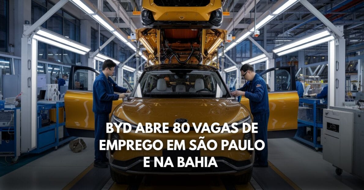 BYD abre 80 vagas de emprego em São Paulo e na Bahia com oportunidades para níveis médio, técnico e superior