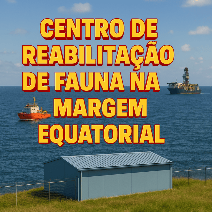 Centro de reabilitação de fauna na margem equatorial com navios e plataforma de petróleo ao fundo