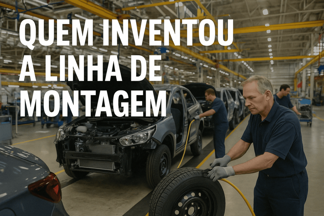 Trabalhadores montam carros em uma linha de montagem moderna enquanto uma frase em destaque pergunta: "Quem inventou a linha de montagem".