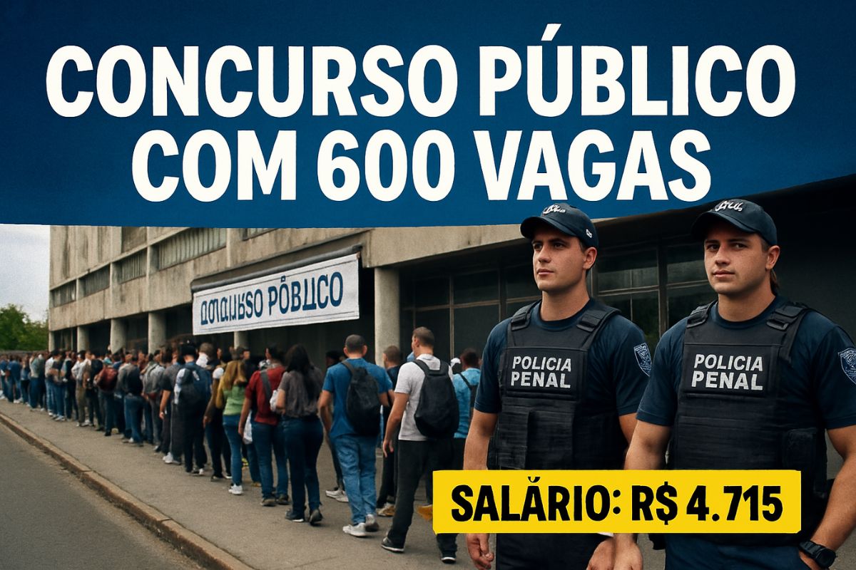 Imagem mostra fila de candidatos em frente a prédio público com faixa de “concurso público”, policiais penais uniformizados e destaque para valor do salário.
